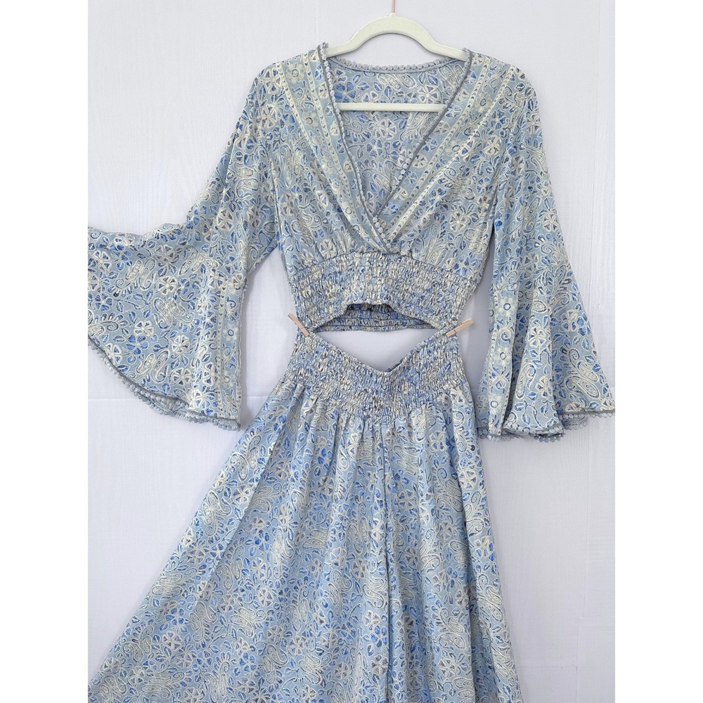 Boho 2 Piece Set Crop Top Bell Sleeve Wide Leg Palazzo Flare Pants S-M Paisley